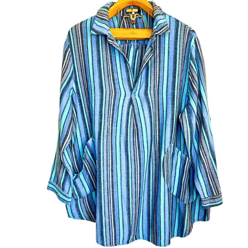 For Cynthia Pullover Boho Roll-Tab Sleeves Blue Stripes Blouse Size: 3X